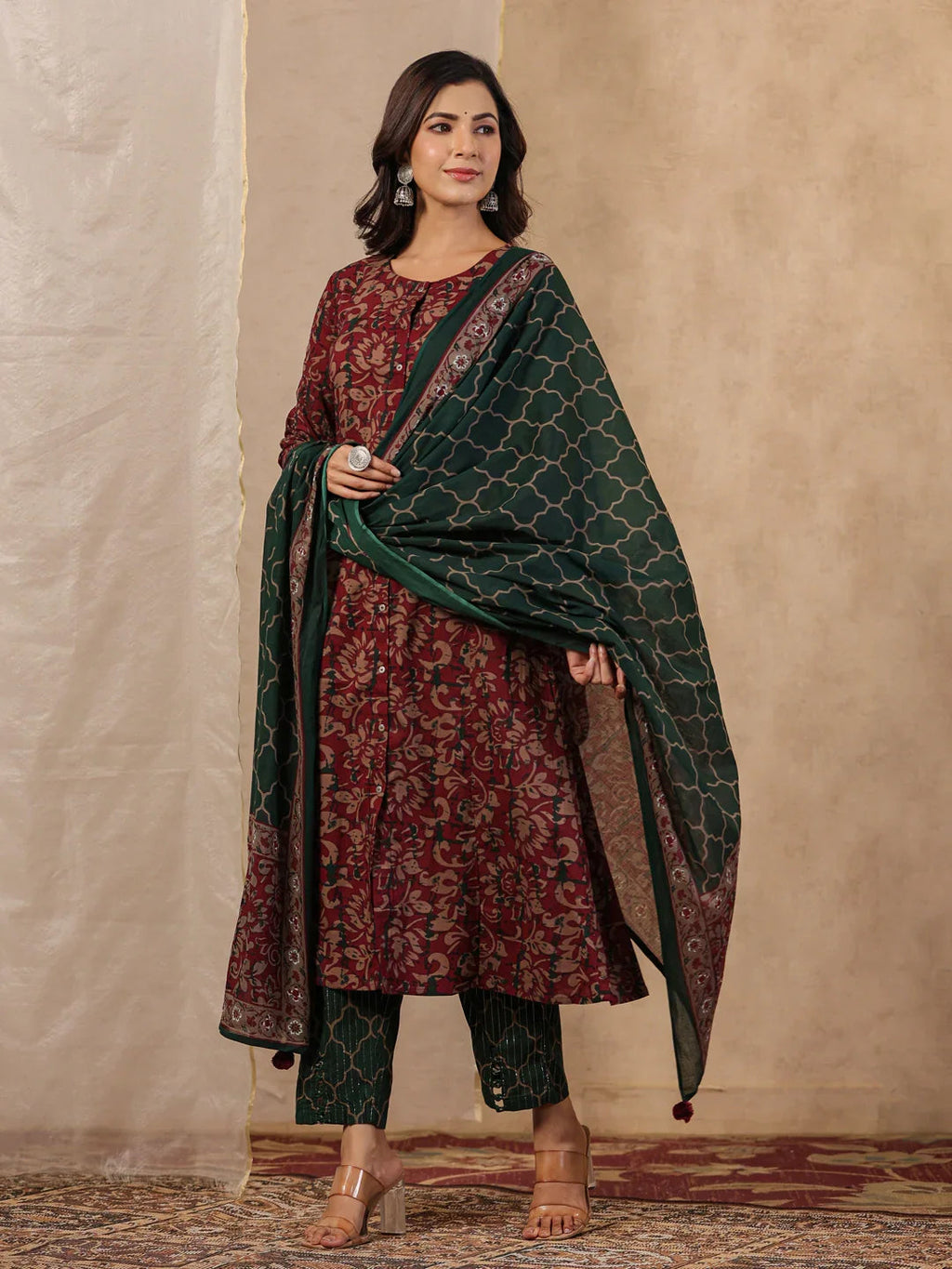 Rang Deep Red & Green Print Cotton Set of Kurti With Pant & Dupatta - SanskrutiHomes 