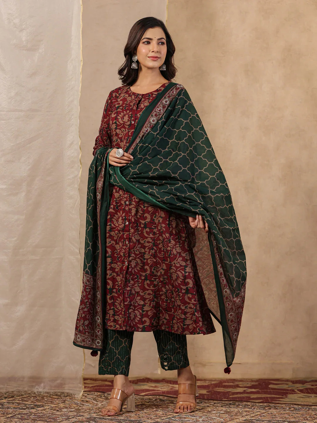 Rang Deep Red & Green Print Cotton Set of Kurti With Pant & Dupatta - SanskrutiHomes 