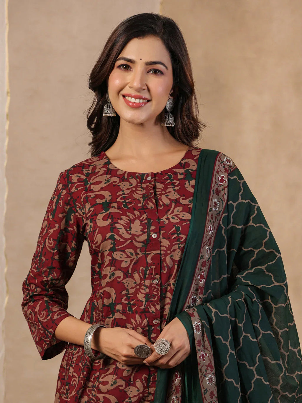 Rang Deep Red & Green Print Cotton Set of Kurti With Pant & Dupatta - SanskrutiHomes 