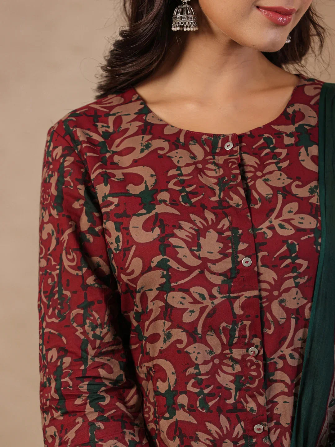 Rang Deep Red & Green Print Cotton Set of Kurti With Pant & Dupatta - SanskrutiHomes 