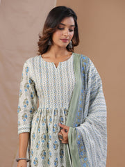 White Floral Printed Round Neck Kurta Set with Dupatta - SanskrutiHomes 