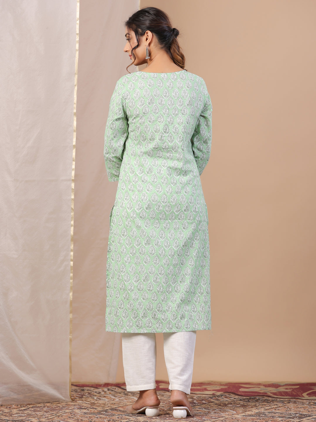 Green Printed Cotton Boat neck Kurta for Women - SanskrutiHomes 