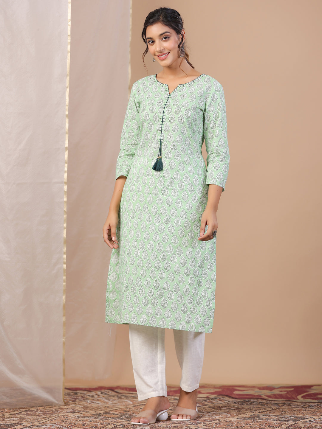 Green Printed Cotton Boat neck Kurta for Women - SanskrutiHomes 