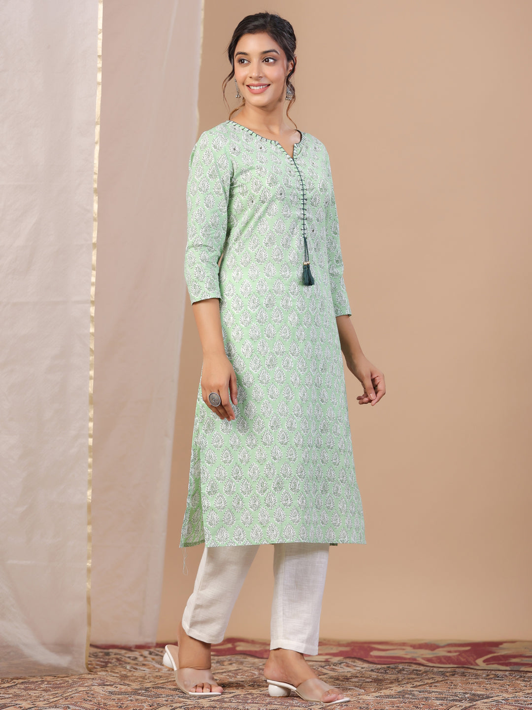 Green Printed Cotton Boat neck Kurta for Women - SanskrutiHomes 