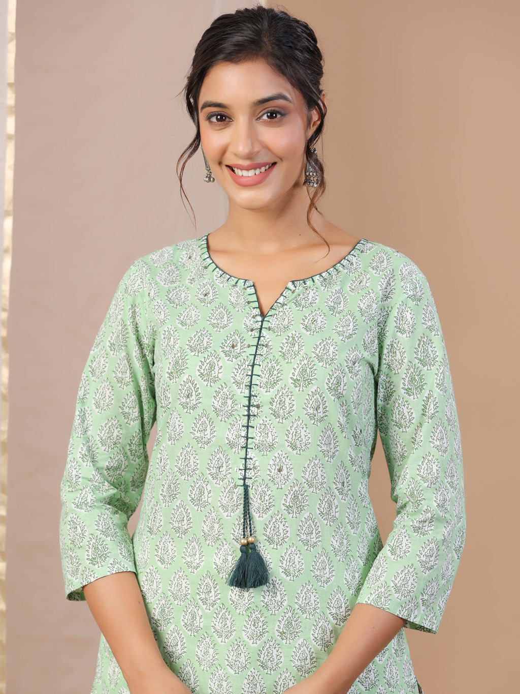 Green Printed Cotton Boat neck Kurta for Women - SanskrutiHomes 