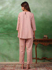 Peach Solid Round Neck Pure Cotton Trousers Co-Ord Set For Women