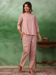 Peach Solid Round Neck Pure Cotton Trousers Co-Ord Set For Women