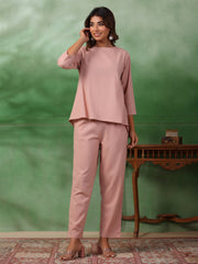 Peach Solid Round Neck Pure Cotton Trousers Co-Ord Set For Women