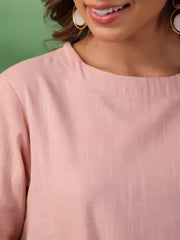 Peach Solid Round Neck Pure Cotton Trousers Co-Ord Set For Women