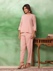 Peach Solid Round Neck Pure Cotton Trousers Co-Ord Set For Women