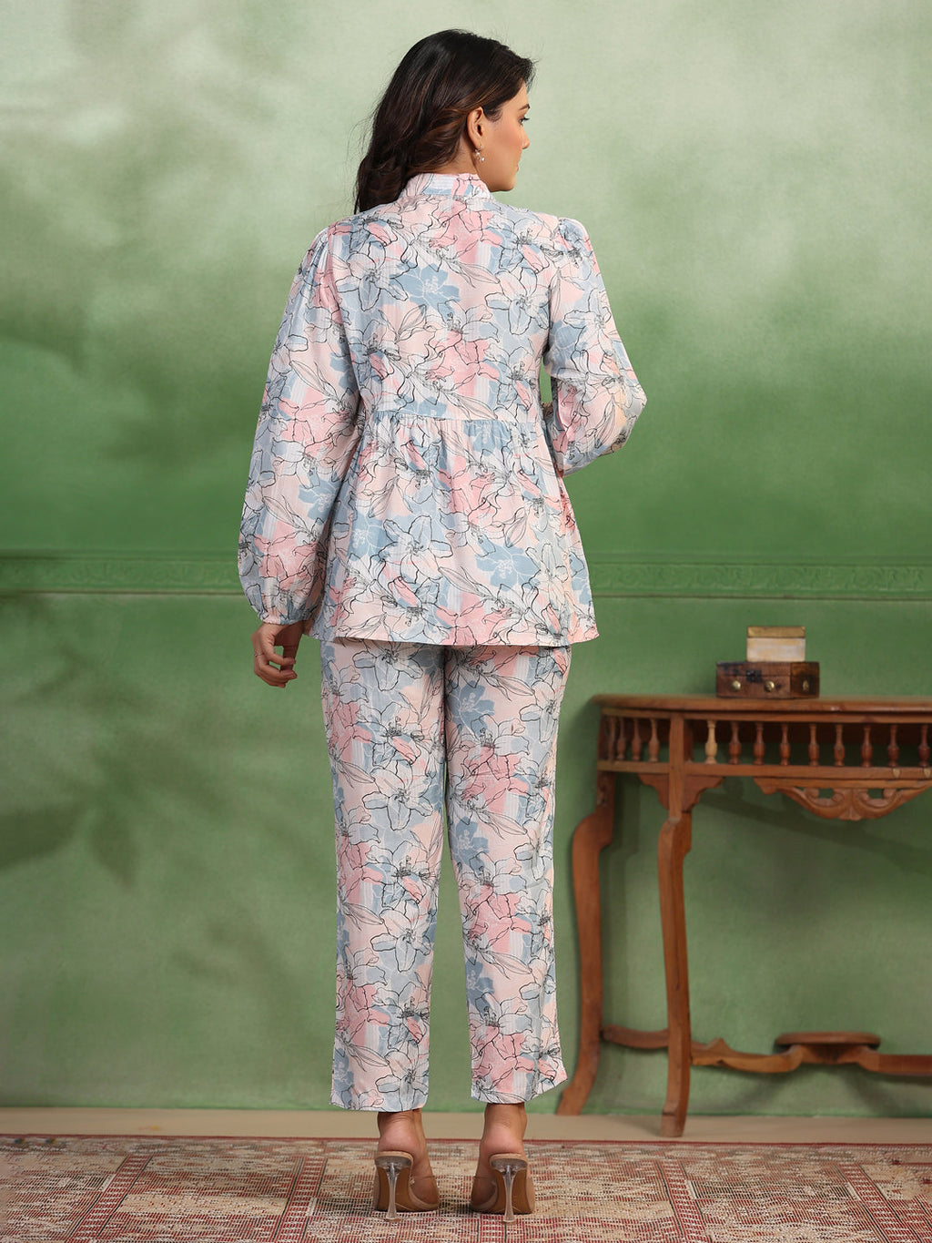 Silk Blend floral printed shirt collar co-ord - SanskrutiHomes 