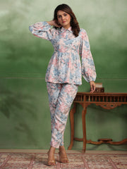 Silk Blend floral printed shirt collar co-ord - SanskrutiHomes 