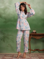 Silk Blend floral printed shirt collar co-ord - SanskrutiHomes 
