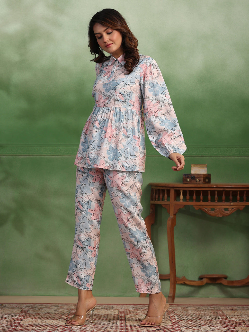 Silk Blend floral printed shirt collar co-ord - SanskrutiHomes 