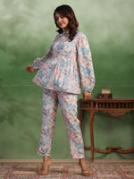 Silk Blend floral printed shirt collar co-ord - SanskrutiHomes 