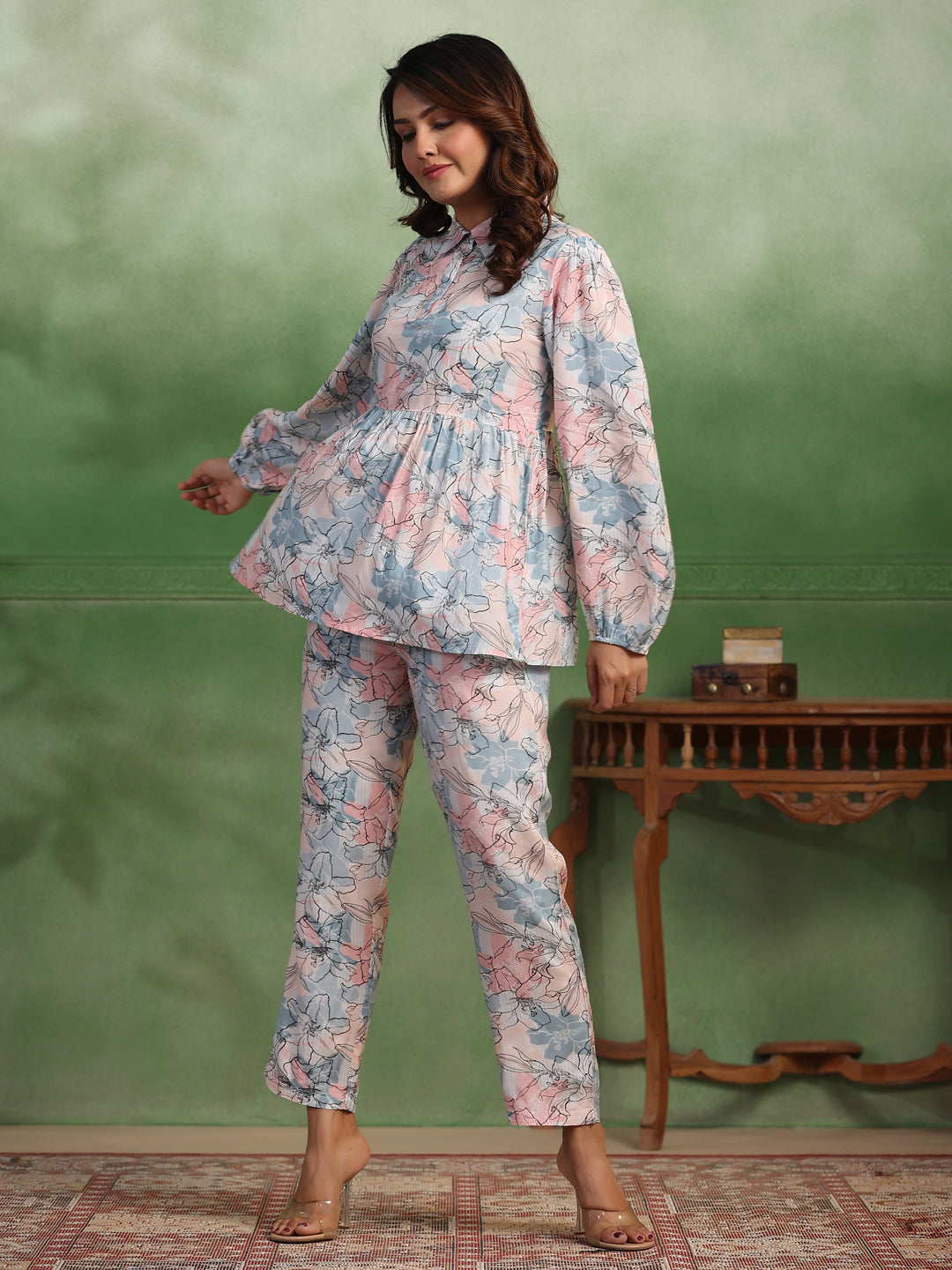 Silk Blend floral printed shirt collar co-ord - SanskrutiHomes 