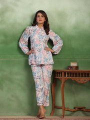 Silk Blend floral printed shirt collar co-ord - SanskrutiHomes 