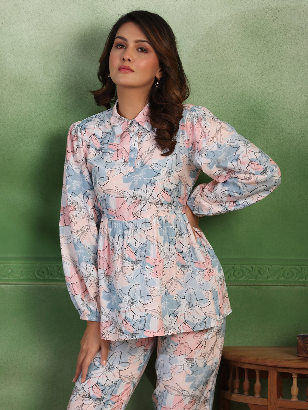 Silk Blend floral printed shirt collar co-ord - SanskrutiHomes 