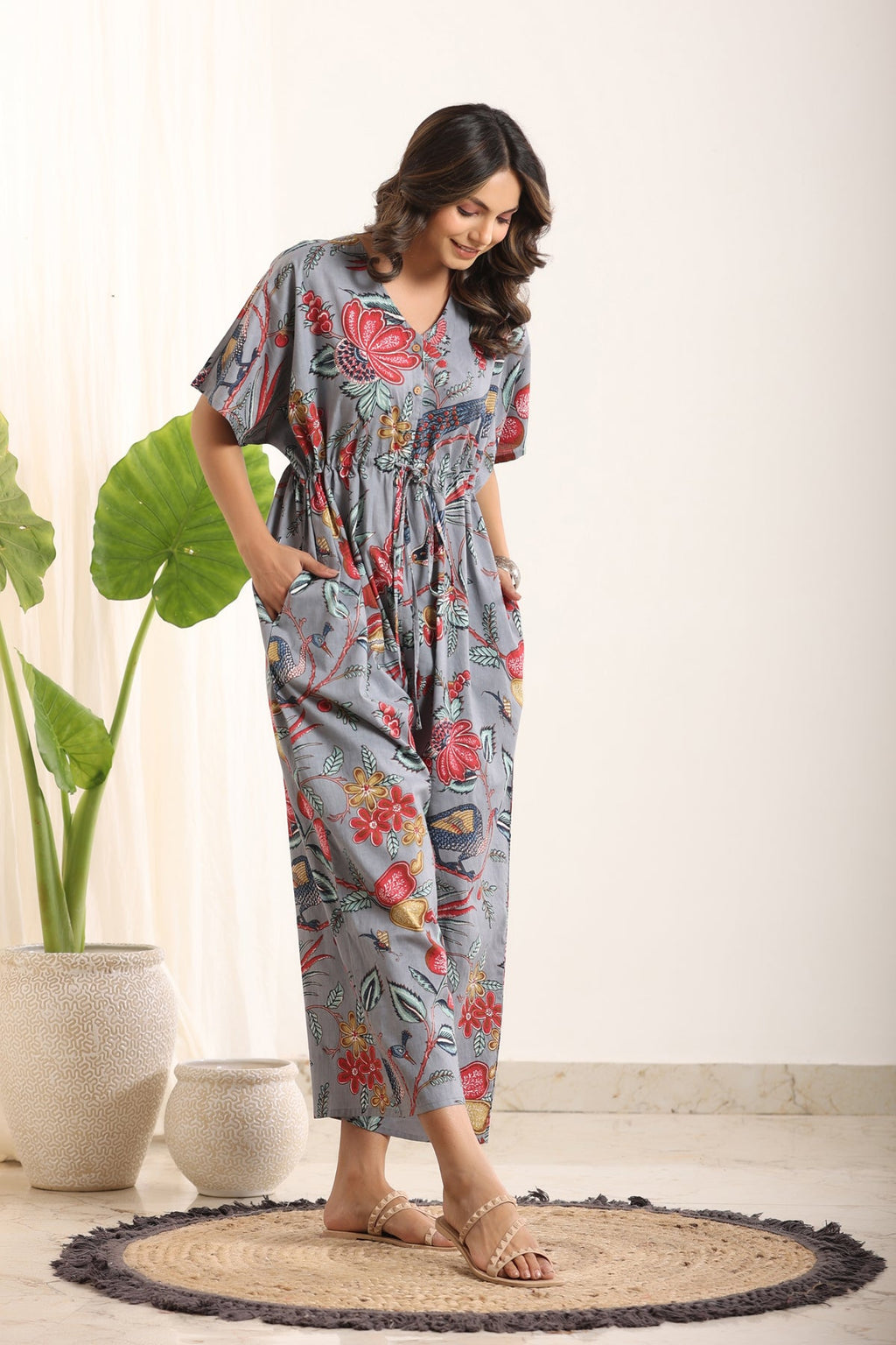 Grey & Red Printed Basic Jumpsuit