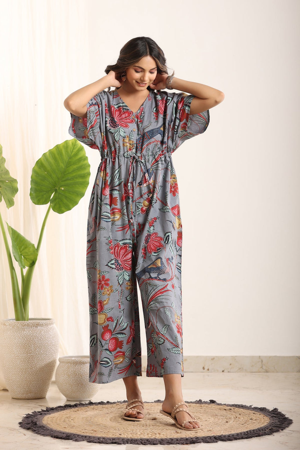 Grey & Red Printed Basic Jumpsuit