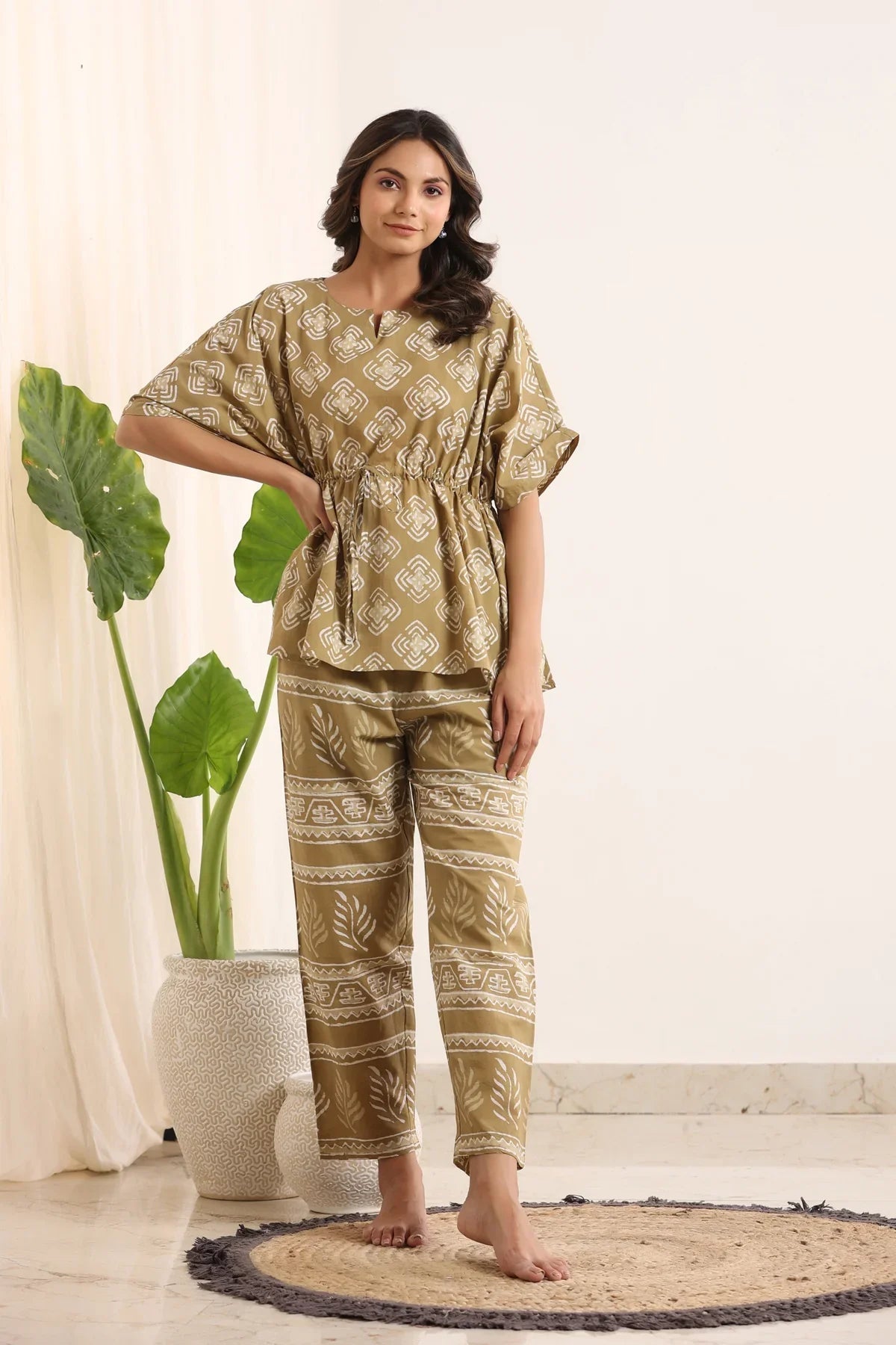 Mustard & White Printed Kaftan Set - SanskrutiHomes 