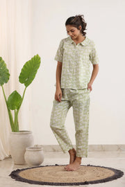 Light Green Printed peter pan collared Night suit set - SanskrutiHomes 
