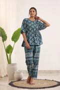 Teal & White Printed Kaftan Set - SanskrutiHomes 