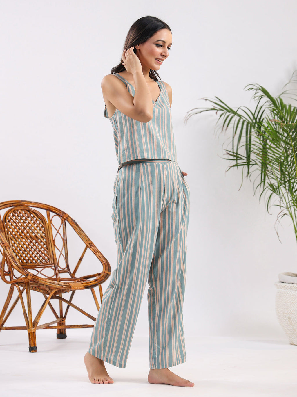 Powder blue stripe Cotton Night SUIT - SanskrutiHomes 