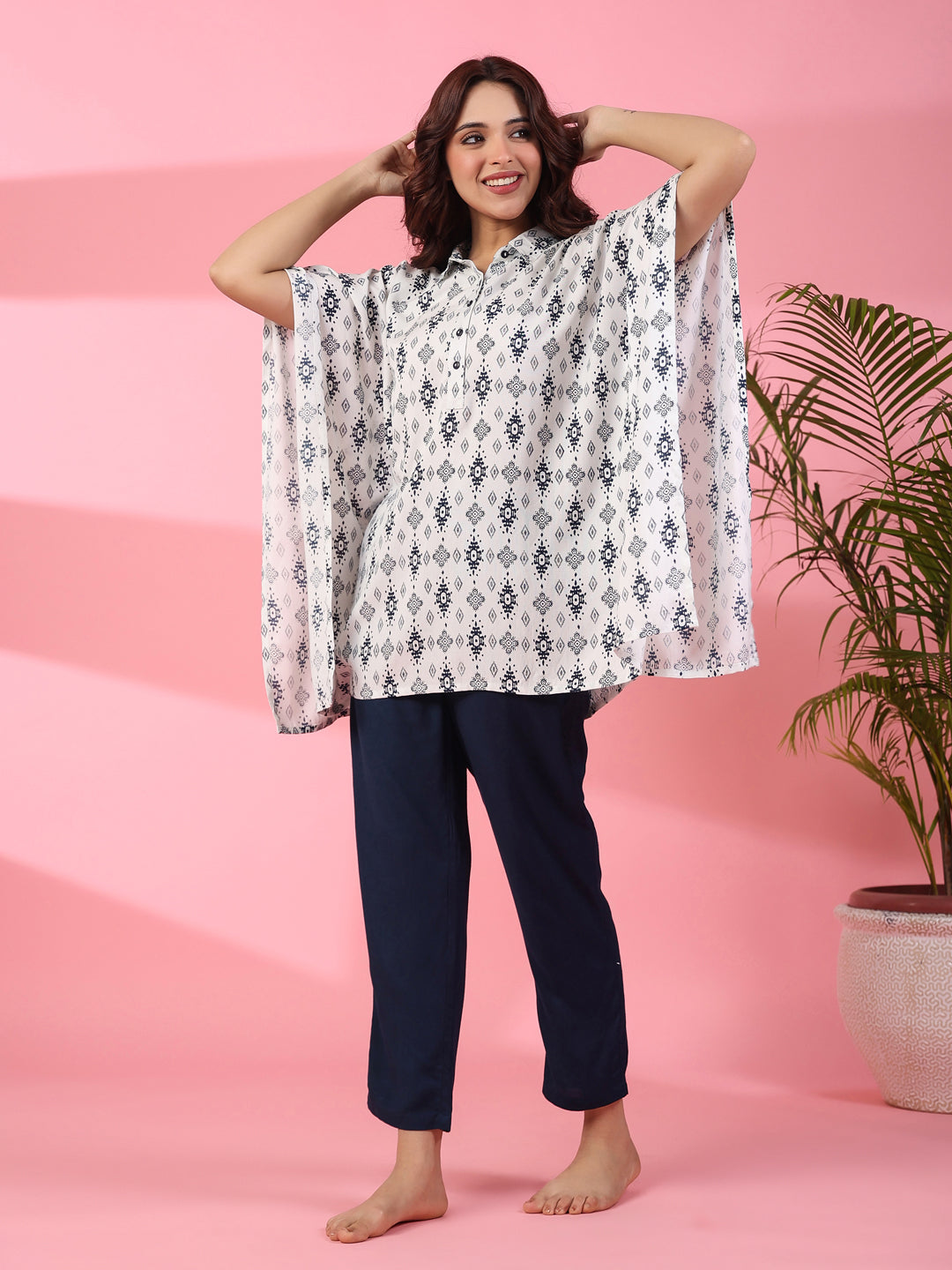 White Floral Printed Kaftan Set - SanskrutiHomes 