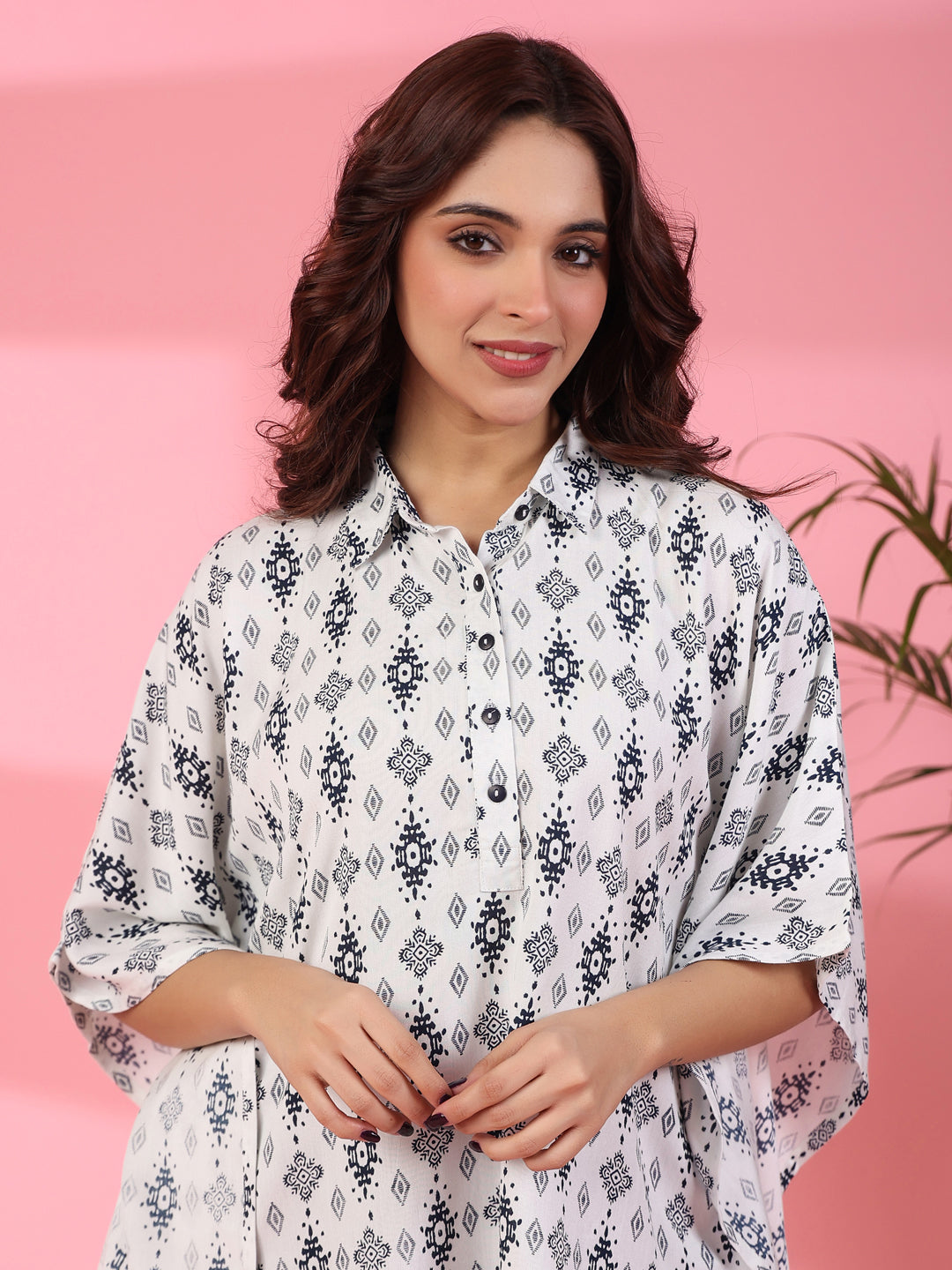 White Floral Printed Kaftan Set - SanskrutiHomes 