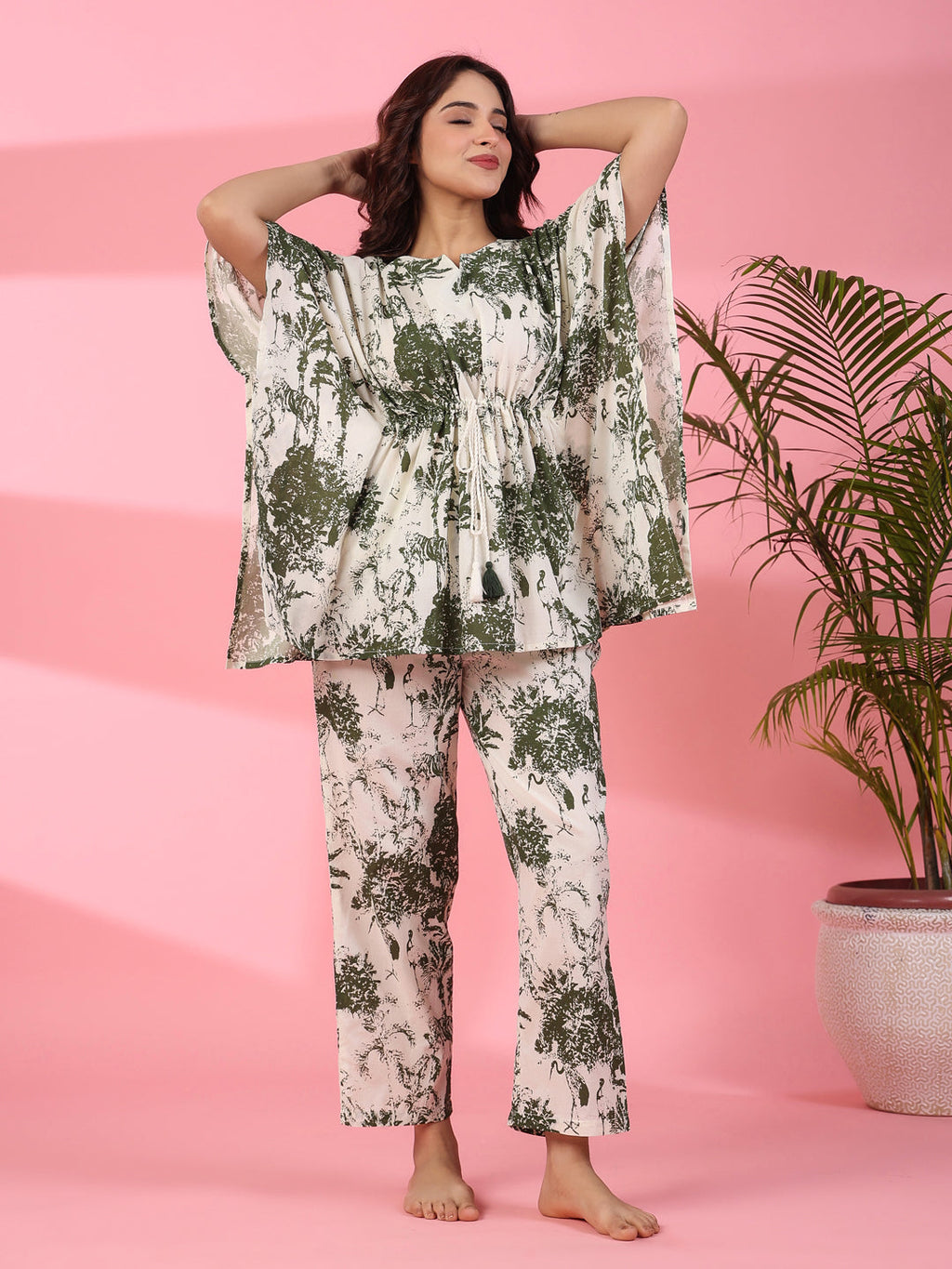 Jungle print Cotton Kaftan Night Suit - SanskrutiHomes 