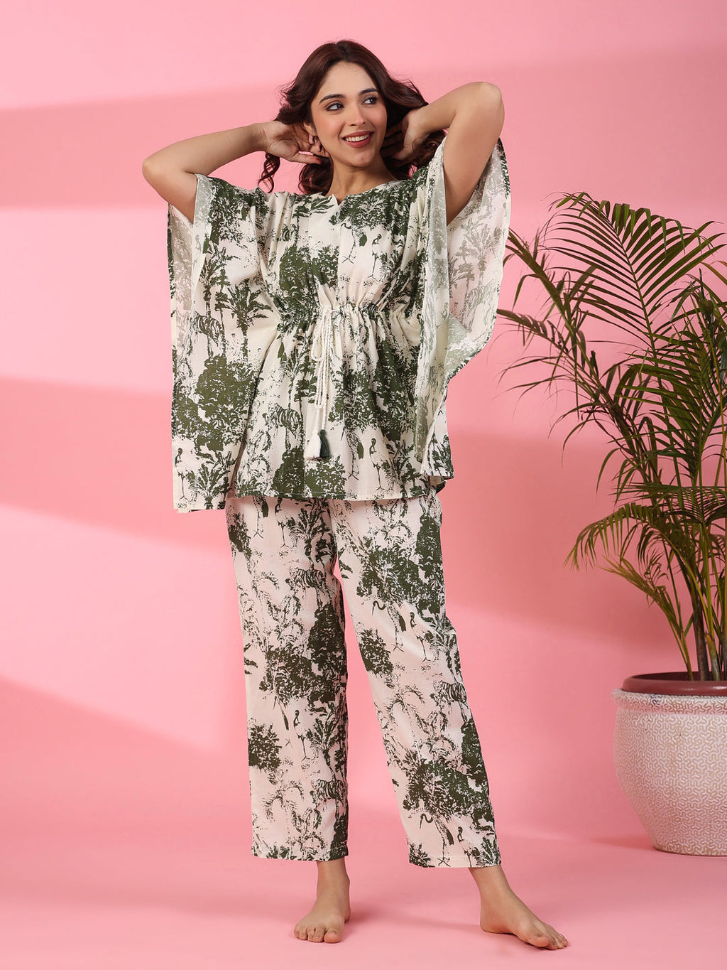 Jungle print Cotton Kaftan Night Suit - SanskrutiHomes 