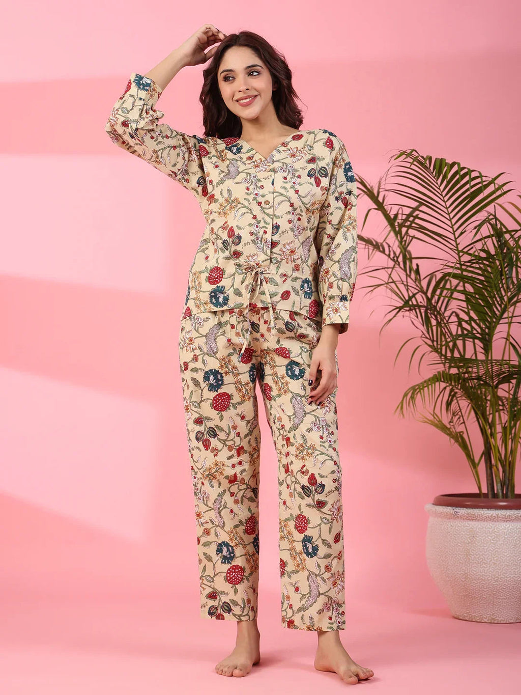 Jacobean Cotton Night Suit - SanskrutiHomes 
