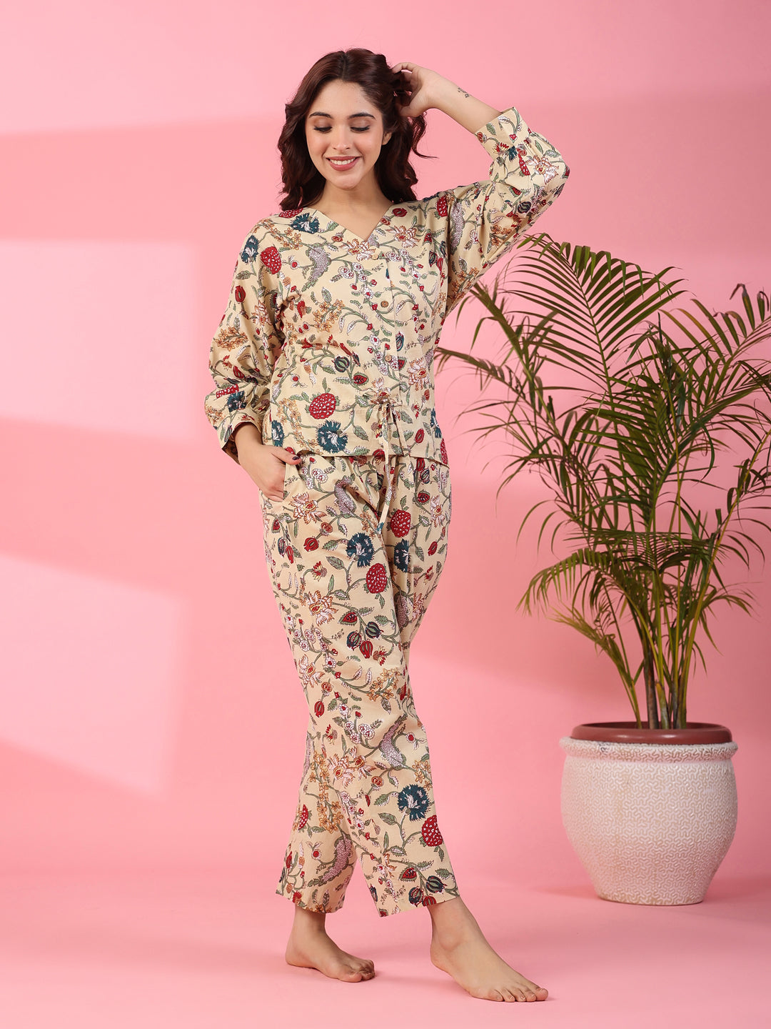 Jacobean Cotton Night Suit - SanskrutiHomes 