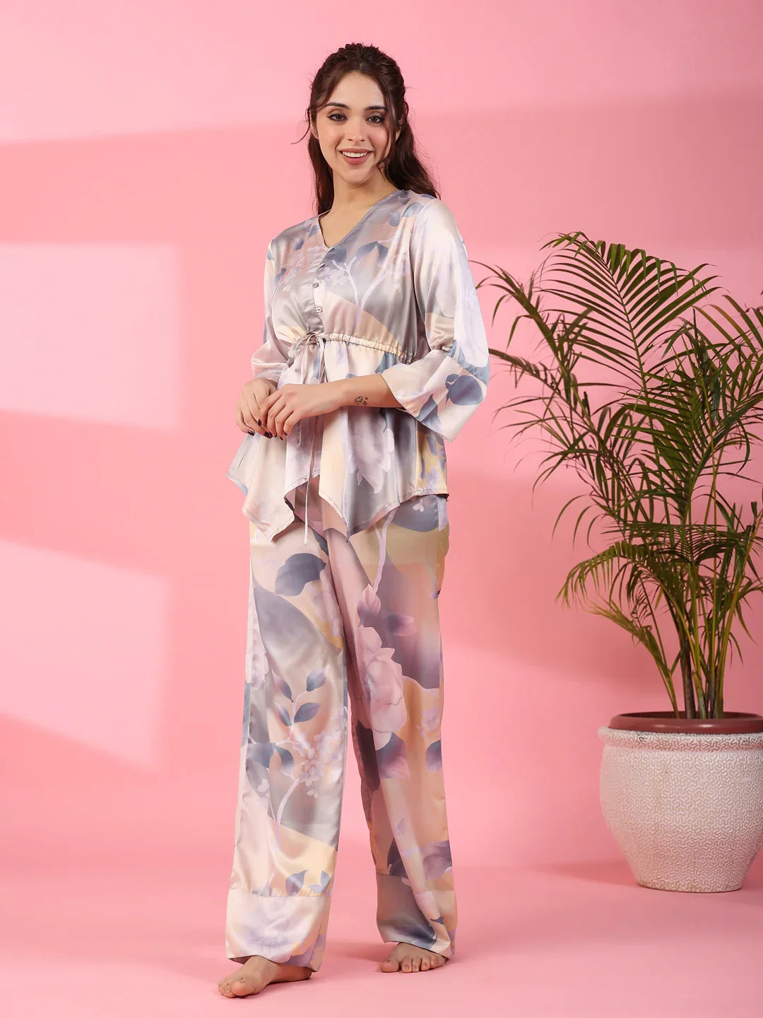 Grey Satin Night Suit - SanskrutiHomes 