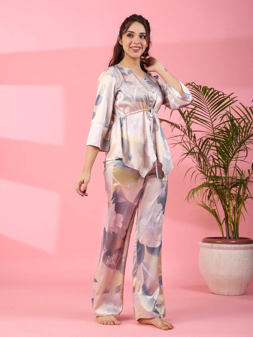 Grey Satin Night Suit - SanskrutiHomes 