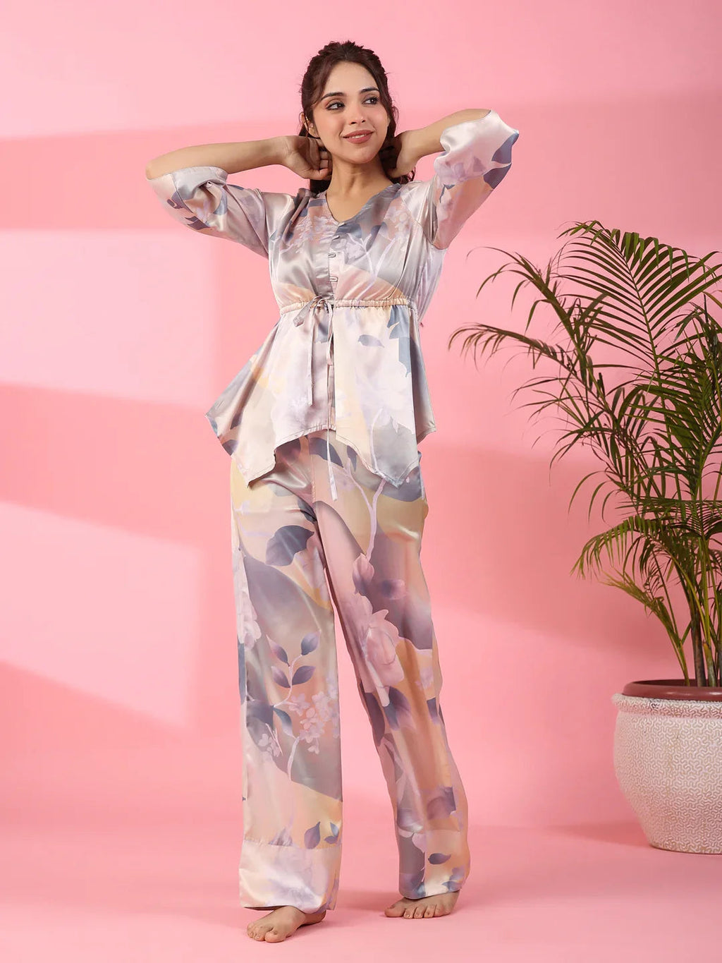 Grey Satin Night Suit - SanskrutiHomes 