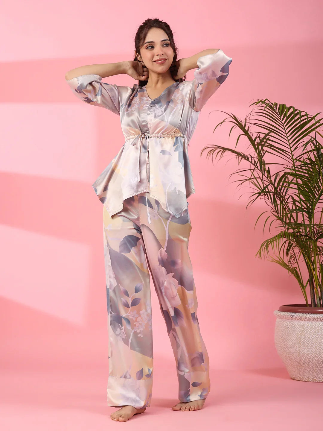 Grey Satin Night Suit - SanskrutiHomes 