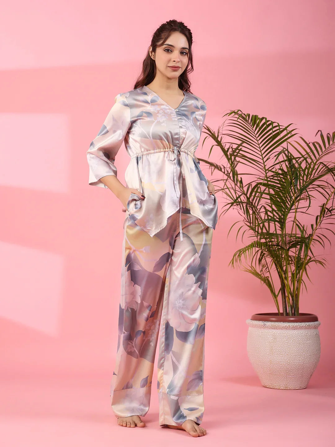 Grey Satin Night Suit - SanskrutiHomes 