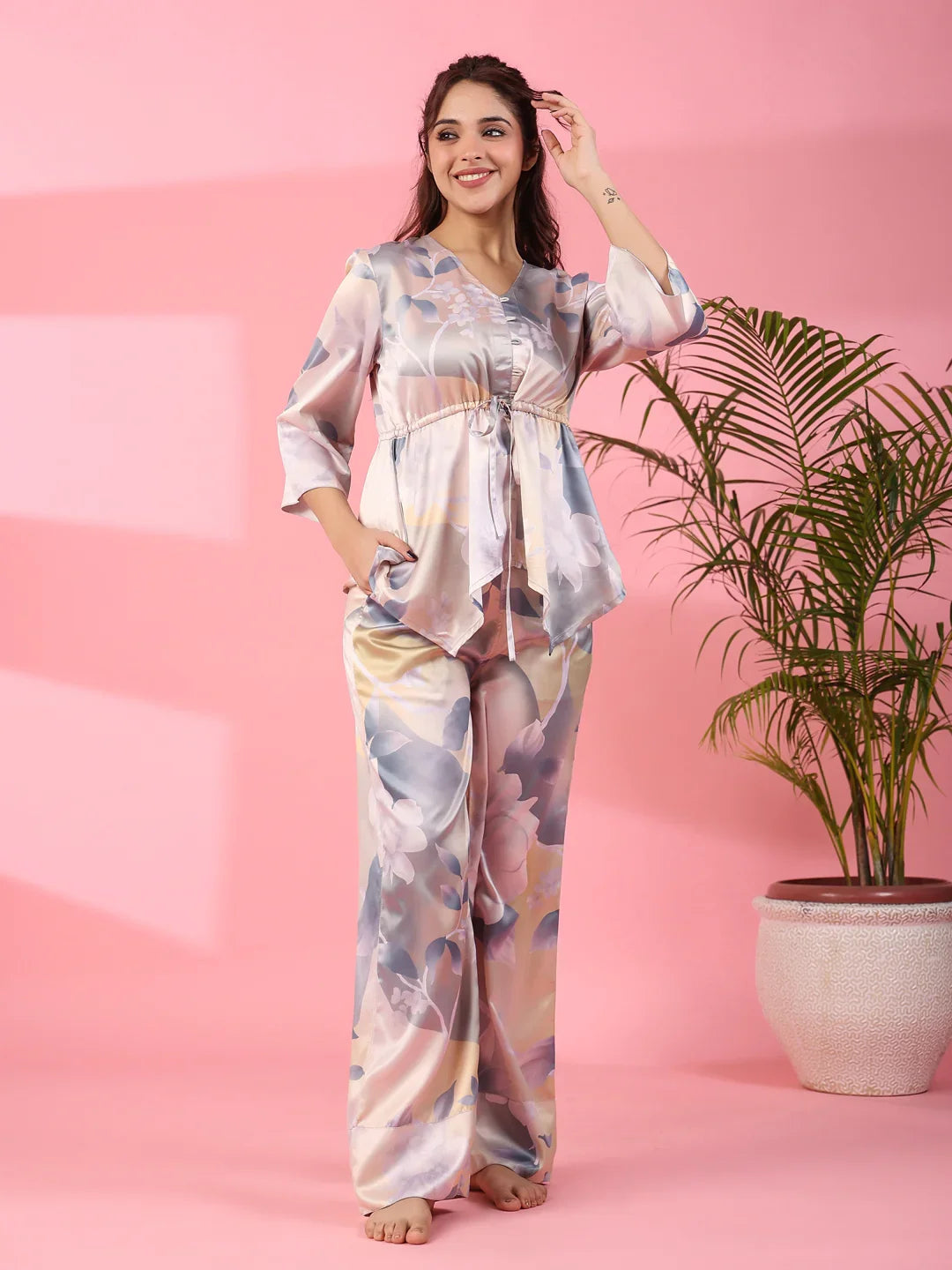 Grey Satin Night Suit - SanskrutiHomes 