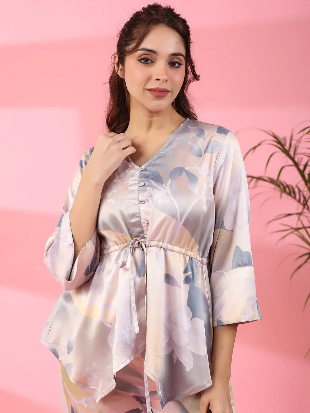 Grey Satin Night Suit - SanskrutiHomes 