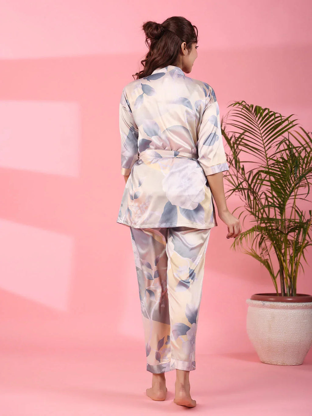 3Pcs Women Poly Satin Night Suit - SanskrutiHomes 