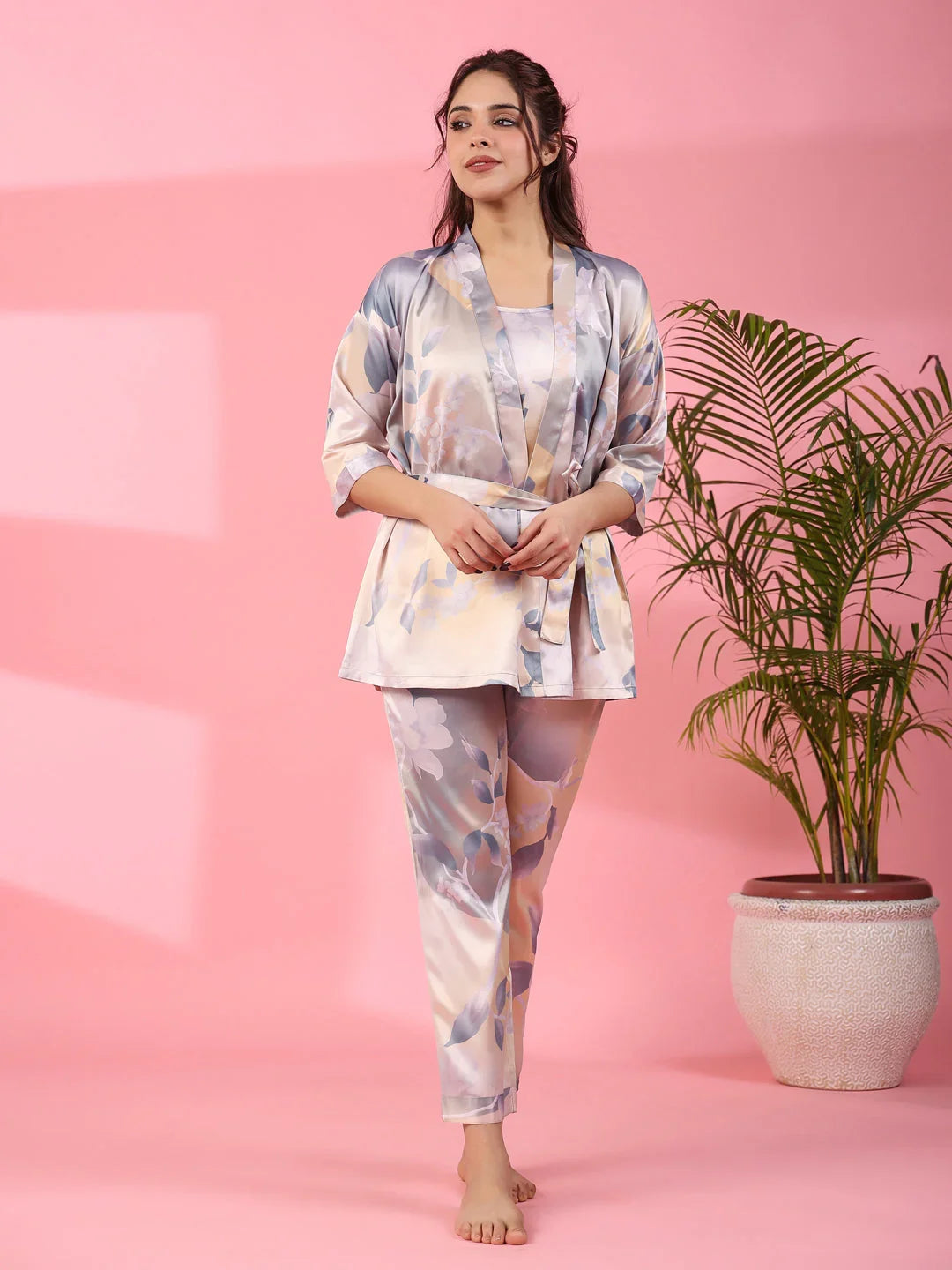 3Pcs Women Poly Satin Night Suit - SanskrutiHomes 