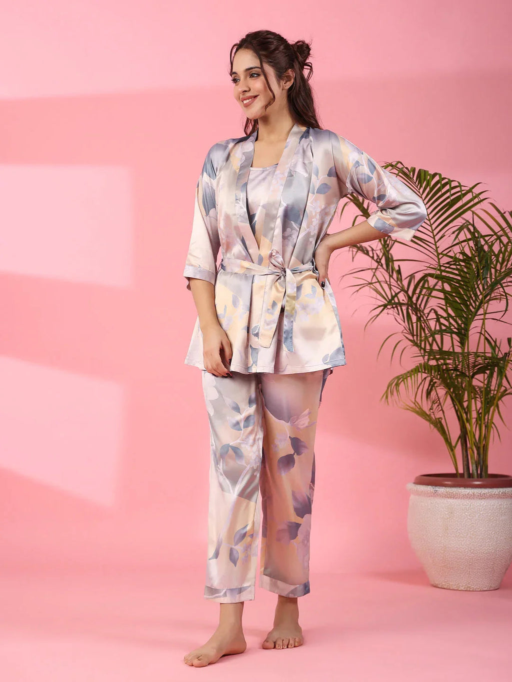 3Pcs Women Poly Satin Night Suit - SanskrutiHomes 
