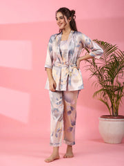 3Pcs Women Poly Satin Night Suit - SanskrutiHomes 