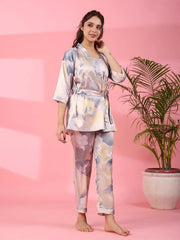 3Pcs Women Poly Satin Night Suit - SanskrutiHomes 