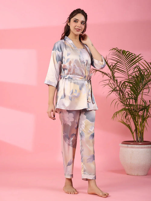 3Pcs Women Poly Satin Night Suit - SanskrutiHomes 