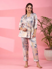 3Pcs Women Poly Satin Night Suit - SanskrutiHomes 