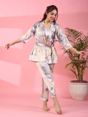 3Pcs Women Poly Satin Night Suit - SanskrutiHomes 