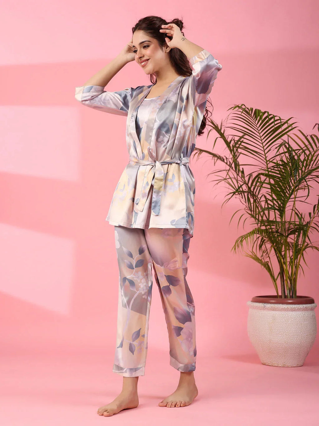 3Pcs Women Poly Satin Night Suit - SanskrutiHomes 